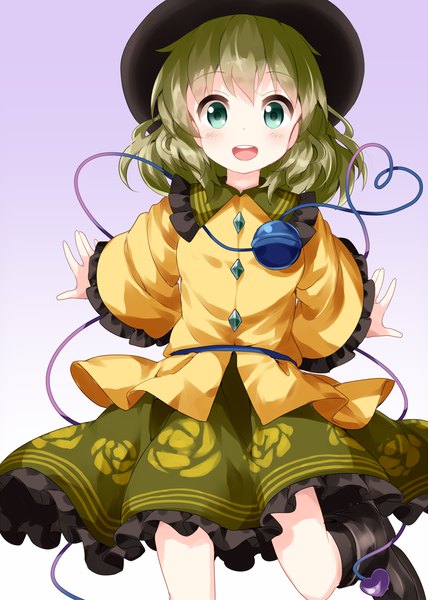 Anime picture 1000x1400 with touhou komeiji koishi ruu (tksymkw) single tall image looking at viewer blush short hair open mouth simple background green eyes :d green hair gradient background heart of string girl skirt hat heart green skirt