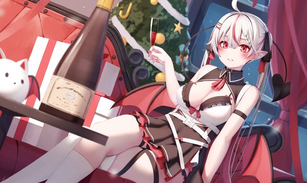 Anime picture 4630x2756 with original nyan (reinyan 007) single long hair blush fringe highres breasts light erotic hair between eyes red eyes wide image large breasts sitting twintails absurdres cleavage ahoge white hair indoors