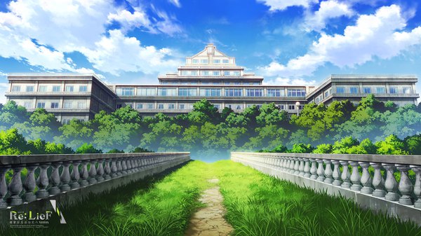 Anime picture 1280x720 with re:lief ebisutaro wide image sky cloud (clouds) outdoors inscription copyright name no people landscape plant (plants) tree (trees) building (buildings) grass