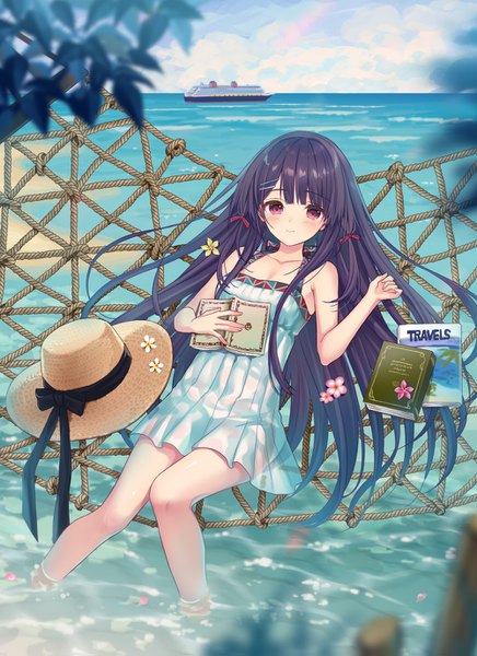 Anime picture 1000x1375 with original yuuki rika single long hair tall image looking at viewer blush fringe black hair red eyes bare shoulders sky cloud (clouds) outdoors hair flower depth of field sleeveless hat removed headwear removed soaking feet