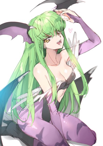 Anime picture 800x1131 with code geass vampire / darkstalkers (game) sunrise (studio) capcom c.c. morrigan aensland creayus single long hair tall image looking at viewer fringe breasts open mouth light erotic simple background smile hair between eyes white background sitting