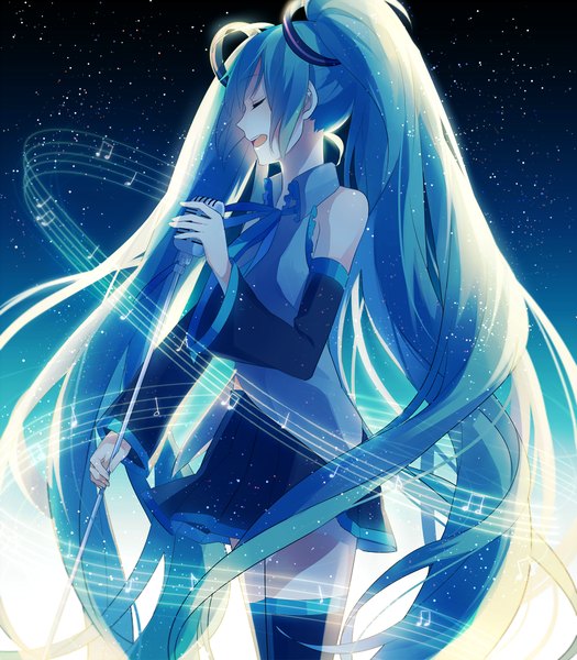 Anime-Bild 900x1028 mit vocaloid hatsune miku achiki single tall image open mouth standing holding sky eyes closed very long hair profile singing girl skirt ribbon (ribbons) detached sleeves shirt star (stars) musical note