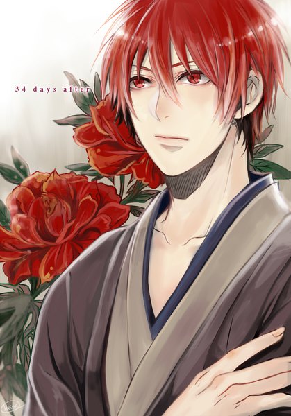 Anime picture 838x1200 with kuroko no basket production i.g akashi seijuurou heine (pixiv829991) single tall image fringe short hair simple background hair between eyes red eyes looking away upper body red hair traditional clothes japanese clothes text boy flower (flowers)