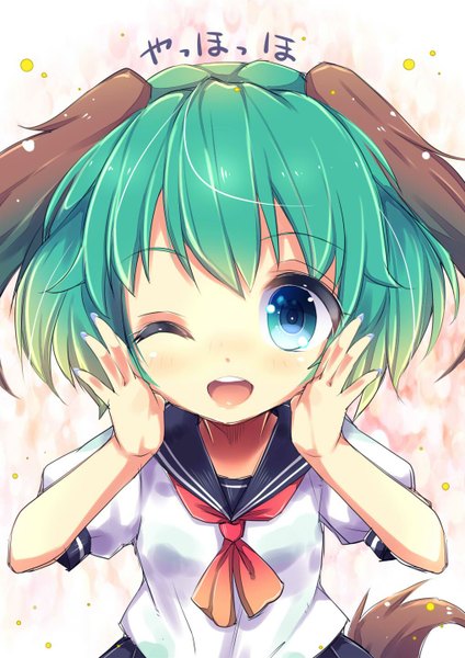 Anime picture 1018x1440 with touhou kasodani kyouko uta (kuroneko) single tall image looking at viewer blush short hair open mouth blue eyes animal ears tail nail polish animal tail one eye closed fingernails green hair wink alternate costume long fingernails