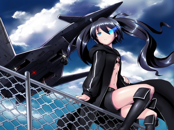 Anime picture 1280x960 with black rock shooter vocaloid long hair blue eyes sky girl boots