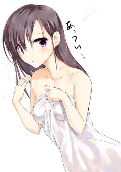 Anime picture 1000x1414 with original iori (cpeilad) single long hair tall image looking at viewer blush light erotic black hair simple background white background purple eyes bare shoulders naked towel girl towel