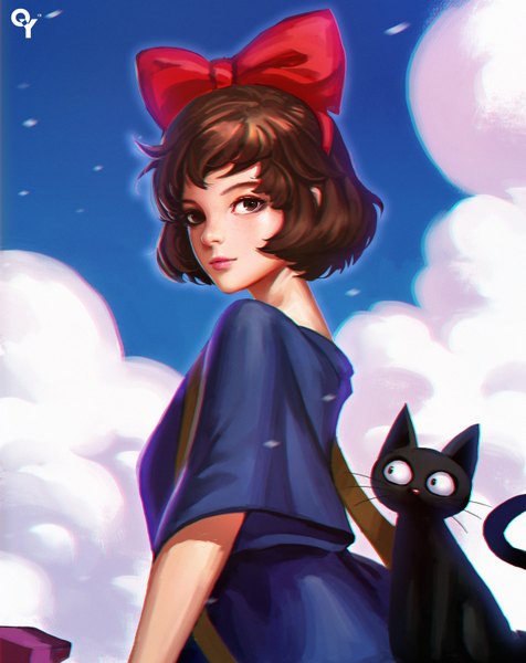 Anime picture 1200x1513 with kiki's delivery service studio ghibli kiki jiji liang xing single tall image looking at viewer fringe short hair brown hair brown eyes signed sky cloud (clouds) realistic girl dress bow hair bow