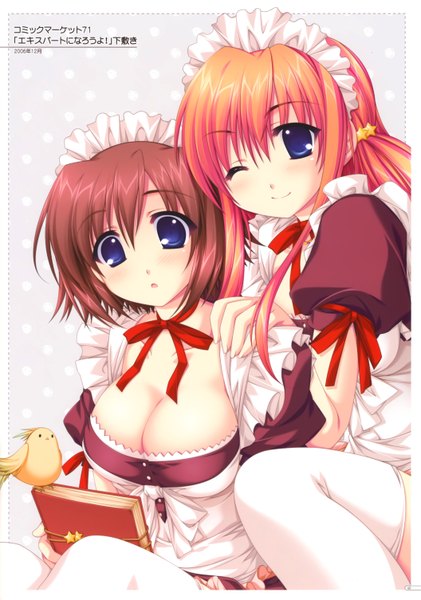 Anime picture 4224x6021 with original alpha (yukai na nakamatachi) long hair tall image blush highres short hair breasts open mouth blue eyes light erotic smile brown hair sitting twintails multiple girls absurdres cleavage one eye closed wink