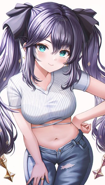 Anime picture 1200x2113 with genshin impact keqing (genshin impact) wol (wol 927) single long hair tall image looking at viewer blush fringe breasts black hair simple background smile hair between eyes standing white background twintails payot aqua eyes short sleeves