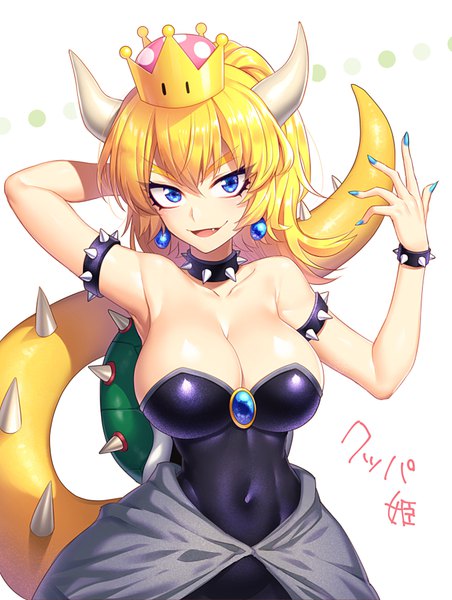 Anime picture 725x963 with super mario bros. new super mario bros. u deluxe bowsette mekariruwii single long hair tall image looking at viewer blush fringe breasts open mouth blue eyes light erotic blonde hair simple background smile hair between eyes large breasts white background