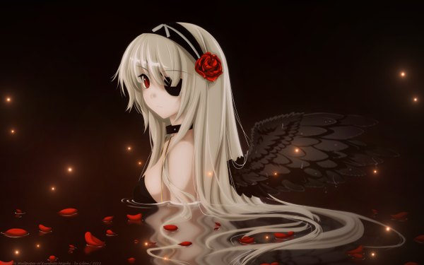 Anime picture 2560x1600 with cilou (artist) highres red eyes wide image white hair very long hair hair flower light angel wings black wings hair ornament petals wings water hairband rose (roses) collar eyepatch