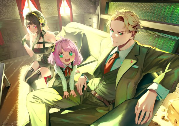 Anime picture 1800x1273 with spy x family yor briar anya (spy x family) twilight (spy x family) saraki long hair fringe highres short hair breasts open mouth black hair blonde hair smile red eyes sitting multiple girls green eyes looking away pink hair
