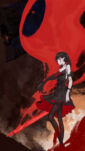 Anime picture 1080x1920 with original pixiv fantasia pixiv fantasia last saga cancer (zjcconan) single long hair tall image fringe black hair hair between eyes red eyes standing bare shoulders holding looking away bent knee (knees) ponytail blunt bangs pointy ears sleeveless