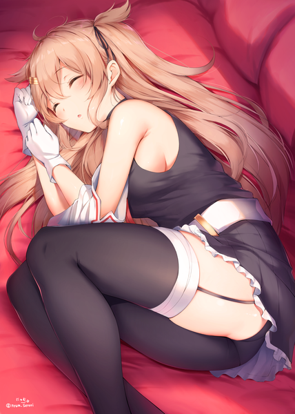 Anime picture 1488x2088 with kantai collection murasame destroyer nyum single long hair tall image breasts light erotic blonde hair signed eyes closed two side up twitter username sideboob sleeping messy hair remodel (kantai collection) asymmetrical legwear asymmetrical clothes girl