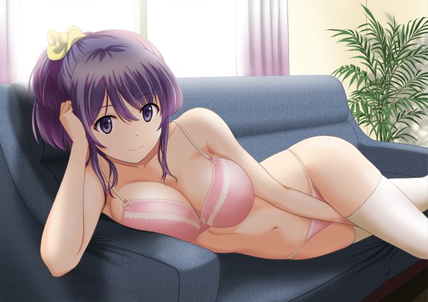 Anime-Bild 1920x1358 mit original satou chagashi single long hair looking at viewer fringe highres breasts light erotic hair between eyes large breasts purple eyes payot cleavage purple hair ponytail indoors lying arm support underwear only