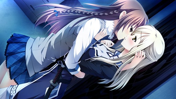 Anime picture 2560x1440 with otome ga tsumugu koi no canvas miyama mizuki shishidou chiharu flamsteed kimishima ao long hair blush highres blonde hair brown hair wide image purple eyes yellow eyes game cg kiss otoko no ko girl boy uniform weapon school uniform