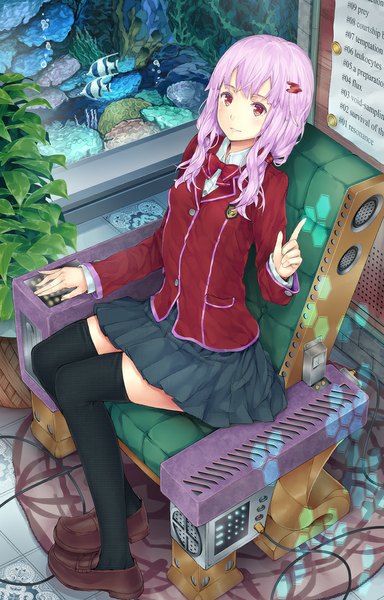 Anime picture 705x1100 with guilty crown production i.g yuzuriha inori hourainingyou single long hair tall image looking at viewer red eyes sitting pink hair zettai ryouiki girl thighhighs skirt uniform hair ornament black thighhighs school uniform hairclip
