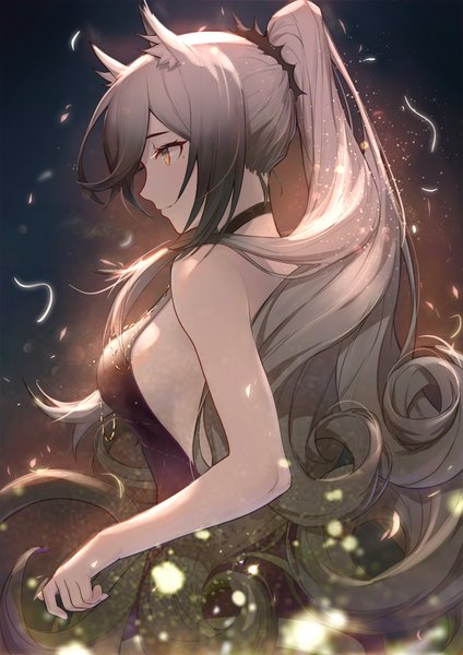 Anime picture 1415x2000 with arknights schwarz (arknights) shiliuyexiaohei single long hair tall image animal ears yellow eyes looking away upper body ponytail profile grey hair mole mole under eye girl dress