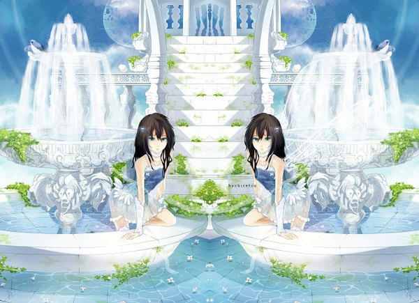 Anime picture 1498x1088 with original humonster long hair looking at viewer brown hair multiple girls sky aqua eyes sleeveless reflection transparent insect wings girl hair ornament flower (flowers) 2 girls plant (plants) animal wings water