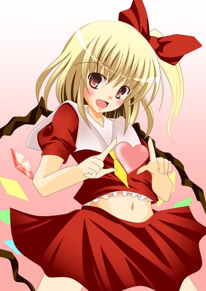 Anime picture 2507x3541 with touhou flandre scarlet lio (artist) single tall image blush highres short hair open mouth blonde hair red eyes midriff one side up girl skirt navel bow hair bow miniskirt wings