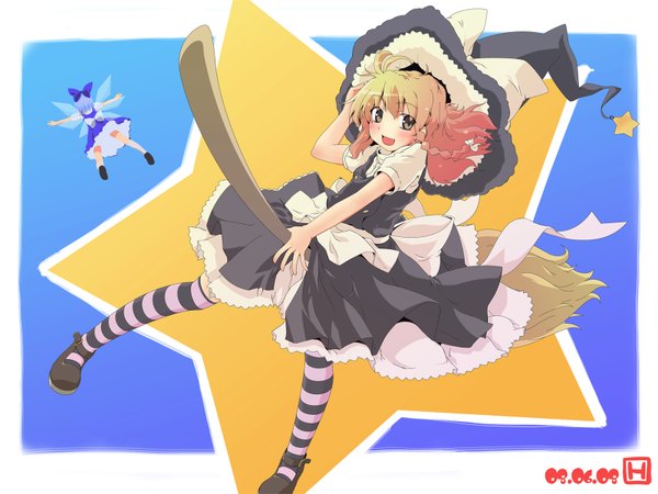 Anime picture 1600x1200 with touhou kirisame marisa cirno halko long hair highres short hair open mouth blonde hair multiple girls blue hair :d dated striped flying broom riding girl thighhighs skirt ribbon (ribbons)