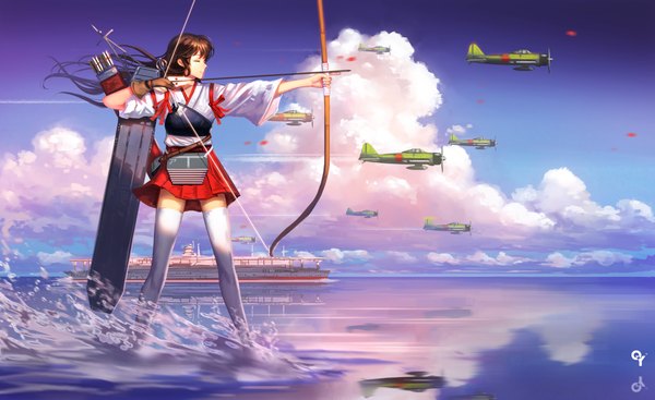 Anime picture 2000x1226 with kantai collection akagi aircraft carrier liang xing single long hair highres brown hair wide image sky cloud (clouds) eyes closed girl thighhighs skirt weapon miniskirt white thighhighs bow (weapon) arrow (arrows) aircraft