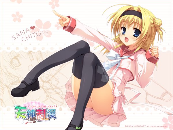 Anime picture 1600x1200 with tenshinranman chitose sana single looking at viewer blush short hair open mouth blue eyes light erotic blonde hair hair bun (hair buns) wallpaper character names outstretched arm pointing girl thighhighs black thighhighs serafuku hairband