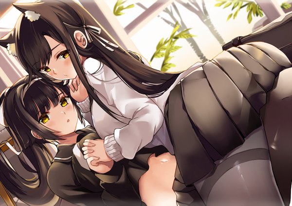 Anime picture 850x601 with azur lane atago (azur lane) takao (azur lane) atago (school daydream) (azur lane) takao (academy romantica) (azur lane) ry thae long hair looking at viewer blush fringe breasts open mouth light erotic black hair large breasts multiple girls animal ears yellow eyes payot upper body