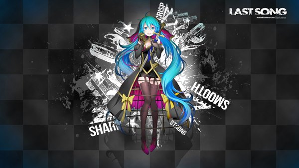 Anime picture 1920x1080 with vocaloid hatsune miku aeroblade7 single long hair highres open mouth blue eyes smile wide image blue hair inscription checkered checkered background girl thighhighs gloves ribbon (ribbons) bow weapon