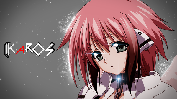 Anime picture 1920x1080 with sora no otoshimono ikaros single fringe highres short hair simple background hair between eyes wide image green eyes pink hair head tilt grey background wallpaper character names looking down girl wings chain collar