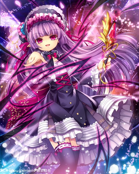 Anime picture 800x1000 with original capura lin single long hair tall image looking at viewer open mouth purple eyes purple hair loli magic girl thighhighs dress black thighhighs bonnet staff