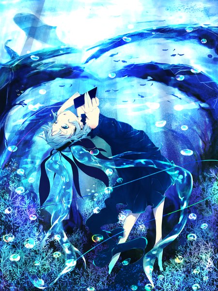 Anime picture 900x1200 with vocaloid shinkai shoujo (vocaloid) hatsune miku marumoru single long hair tall image looking at viewer open mouth blue eyes twintails blue hair underwater girl dress bubble (bubbles) fish (fishes) algae