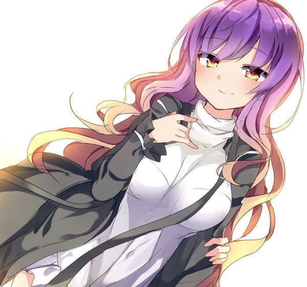 Anime picture 1308x1224 with touhou hijiri byakuren karasusou nano single long hair blush fringe simple background white background yellow eyes purple hair upper body long sleeves head tilt multicolored hair light smile two-tone hair covered navel gradient hair girl