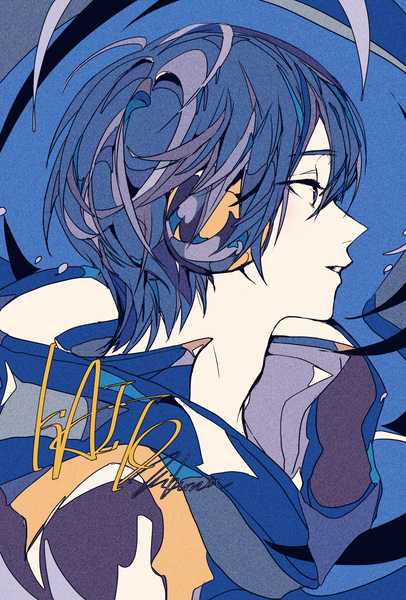 Anime picture 1080x1598 with vocaloid kaito (vocaloid) 3kuma single tall image fringe short hair hair between eyes blue hair looking away upper body profile character names portrait boy headphones