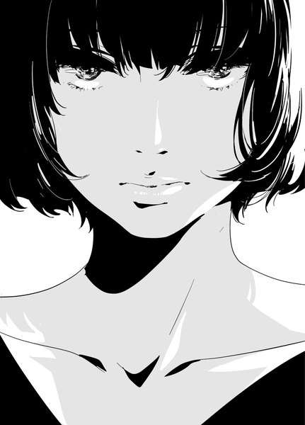 Anime picture 907x1261 with original goshiki suzu single tall image looking at viewer fringe short hair lips monochrome face girl
