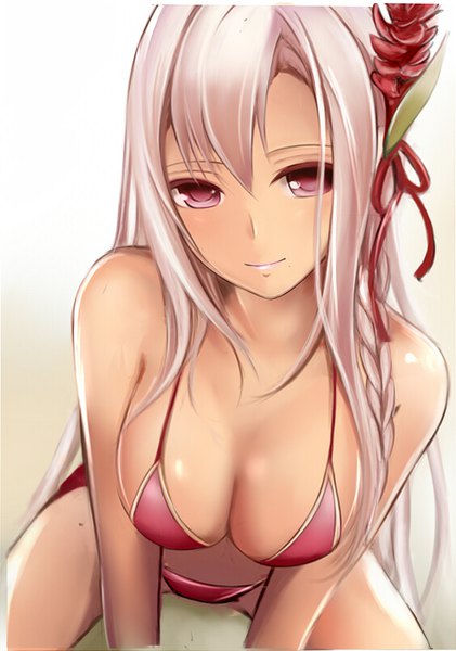 Anime picture 562x800 with flower knight girl red ginger (flower knight girl) nannacy7 single tall image looking at viewer fringe breasts light erotic simple background hair between eyes red eyes large breasts white background cleavage silver hair braid (braids) very long hair hair flower light smile