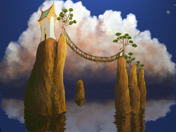 Anime picture 1200x900 with original cloud (clouds) landscape rock plant (plants) tree (trees) water house bridge cliff