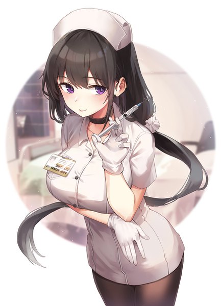Anime picture 888x1230 with original rangu single long hair tall image blush fringe breasts black hair simple background large breasts standing white background purple eyes holding looking away arm up blurry short sleeves low ponytail