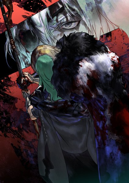 Anime picture 1306x1854 with fire emblem fire emblem: three houses nintendo byleth (fire emblem) dimitri alexandre blaiddyd byleth (female) (fire emblem) enlightened byleth (female) daeungame long hair tall image short hair blonde hair standing green hair from behind multiview blood on face bloody clothes bloody weapon girl