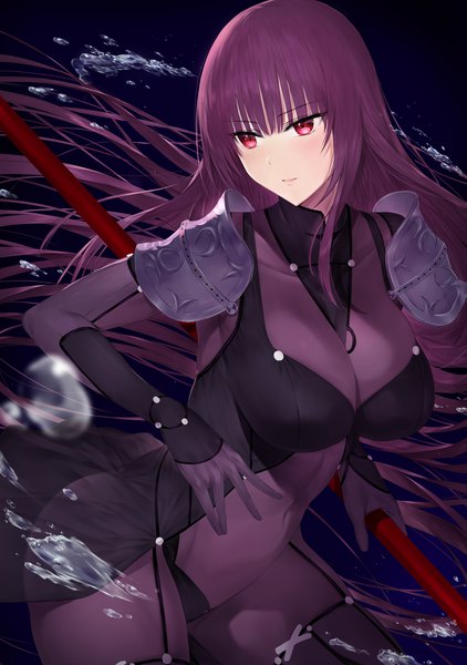 Anime picture 1407x2000 with fate (series) fate/grand order scathach (fate) (all) scathach (fate) akitaka akita single long hair tall image blush fringe breasts light erotic red eyes large breasts standing holding payot looking away purple hair blunt bangs