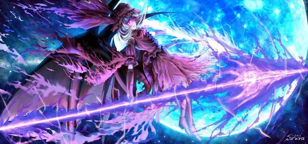 Anime picture 1725x810 with touhou remilia scarlet siruva single highres short hair red eyes wide image silver hair glowing girl dress weapon wings moon spear spear the gungnir