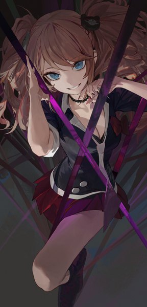 Anime picture 2885x6006 with dangan ronpa enoshima junko modare single long hair tall image looking at viewer fringe highres breasts blue eyes blonde hair smile standing twintails payot cleavage nail polish pleated skirt fingernails