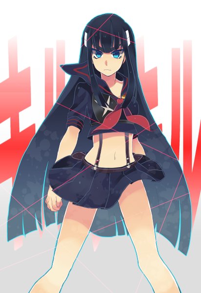 Anime picture 1771x2579 with kill la kill studio trigger pixiv kiryuuin satsuki ramuneru (elowell) single long hair tall image looking at viewer highres blue eyes light erotic black hair simple background white background midriff girl uniform school uniform