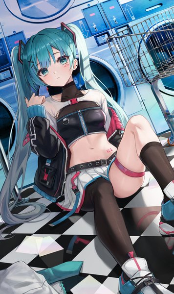 Anime picture 3243x5472 with vocaloid hatsune miku mrr 05 single long hair tall image looking at viewer fringe highres sitting twintails absurdres bent knee (knees) indoors long sleeves nail polish pleated skirt aqua eyes fingernails aqua hair