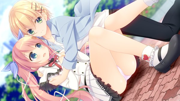 Anime picture 1280x720 with spiral!! ashinome chrome shirokane mizuki hazumi rio nagayama yuunon long hair blush fringe short hair open mouth blue eyes light erotic blonde hair hair between eyes wide image sitting twintails multiple girls green eyes looking away