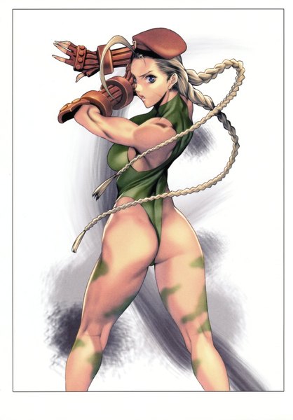 Anime picture 1115x1600 with street fighter capcom cammy white homare (fool's art) single tall image breasts open mouth blue eyes light erotic blonde hair white background ahoge ass braid (braids) very long hair from behind legs sideboob turning head