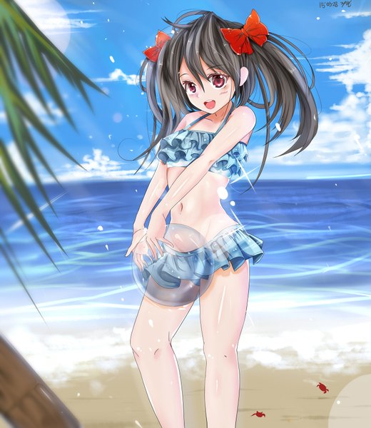 Anime picture 1500x1731 with love live! school idol project sunrise (studio) love live! yazawa nico cksl62 (harmonics) single long hair tall image fringe open mouth black hair smile red eyes sky cloud (clouds) girl bow swimsuit hair bow water