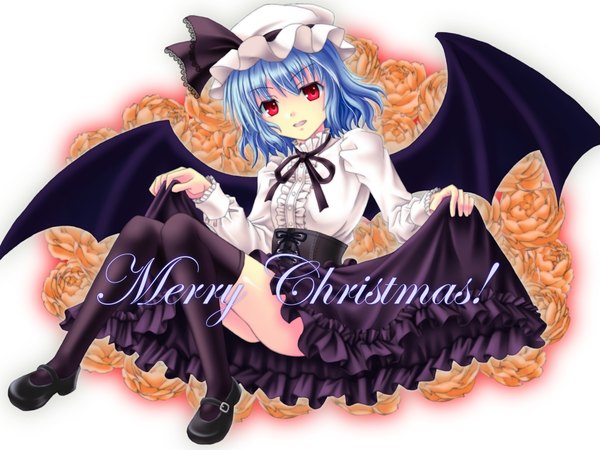 Anime picture 1024x768 with touhou remilia scarlet amou yuu single looking at viewer short hair light erotic red eyes blue hair full body christmas bat wings merry christmas floral background girl thighhighs skirt black thighhighs hat wings