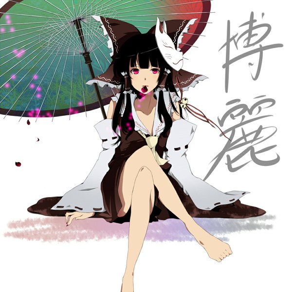 Anime picture 1000x1000 with touhou hakurei reimu toudou (dolce) single long hair black hair red eyes sitting barefoot crossed legs mouth hold miko mask on head girl bow hair bow detached sleeves umbrella bell mask