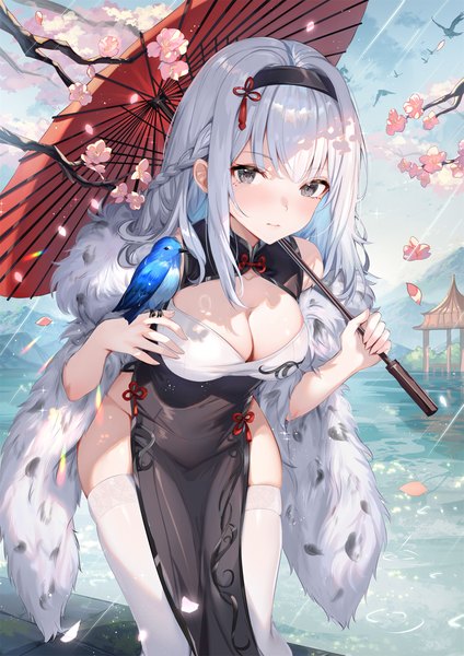 Anime picture 1860x2631 with snowbreak: containment zone ji chenxing shanguier single long hair tall image looking at viewer blush fringe highres breasts light erotic large breasts standing holding sky cleavage silver hair cloud (clouds) outdoors